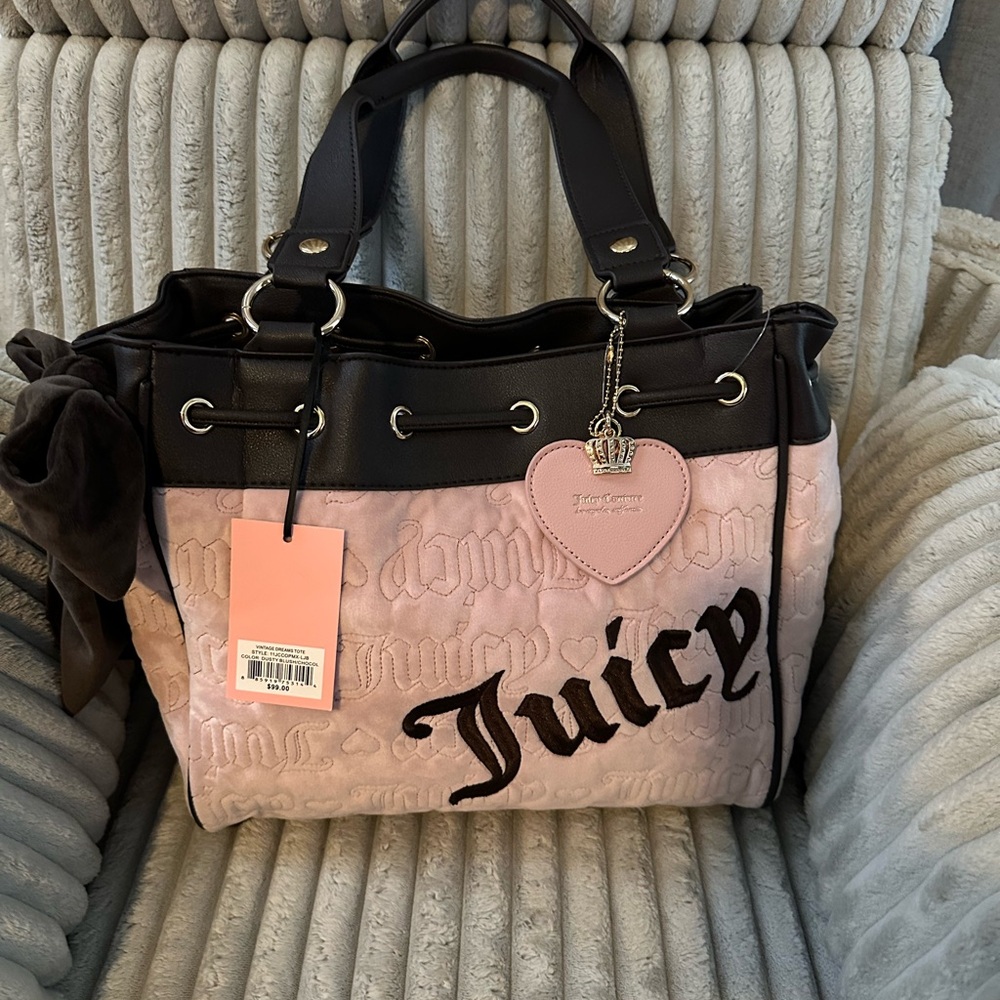 Juicy Couture Pink and Brown Vintage Dreams Tote Bag with Velour Finish